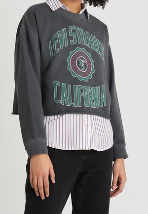 Sudadera gris recortada con texto gráfico verde "Levi Strauss California", superpuesta sobre una camisa de botones blanca y roja a rayas. Pantalones negros visibles.