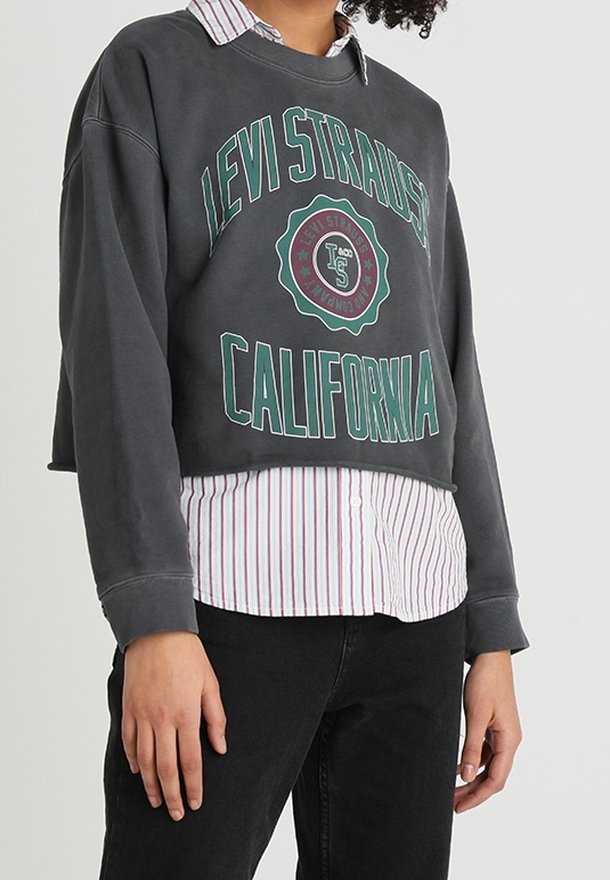 Sudadera gris recortada con texto gráfico verde "Levi Strauss California", superpuesta sobre una camisa de botones blanca y roja a rayas. Pantalones negros visibles.