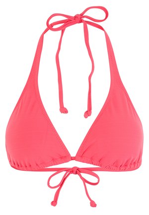 Korallenrosa Bikini-Oberteil mit einem Halterneck-Design, dreieckigen Cups, verstellbaren Bindebändern und gerafftem Detail an der Basis.