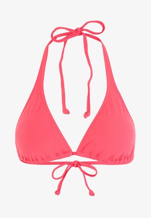 Korallenrosa Bikini-Oberteil mit einem Halterneck-Design, dreieckigen Cups, verstellbaren Bindebändern und gerafftem Detail an der Basis.