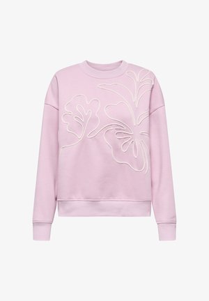 Hele roosa ümarselg-kampsun, pika varrukaga, valge abstraktse lillemustriga tikkimusega esiosas.