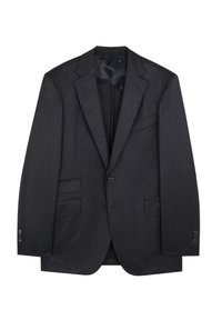 Blazer gris oscuro hecho de una tela con textura suave. Presenta un cuello con muesca, dos bolsillos frontales y cierre de botón. Diseño entallado.