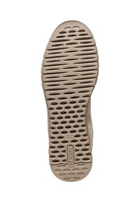 Sole in gomma beige con superficie testurizzata, caratterizzata da scanalature e fori per la traspirabilità. Branding visibile vicino al centro.