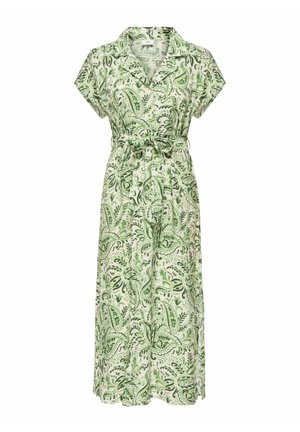 Grün-weiß gemustertes Paisley-Kurzarmkleid mit Kragen und Stoffgürtel, der in der Taille gebunden ist, in Midi-Länge.