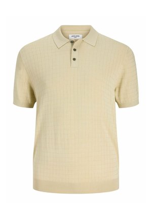 Polo beige a maniche corte con motivo a quadretti discreti, abbottonatura a tre bottoni e colletto aderente.