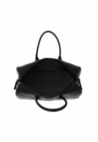 Black leather handbag with a spacious interior, two top handles, and a zip closure. Features a textured finish and an inner pocket.
