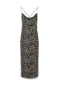 Robe midi imprimé léopard avec une texture soyeuse, dotée de fines bretelles noires et d'une silhouette ajustée. Des éléments incluent un design drapé à l'avant.