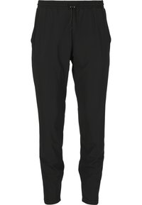 Svarta joggerbyxor i lättviktsmaterial. Har en elastisk midja med dragsko, sidofickor och avsmalnande ben.