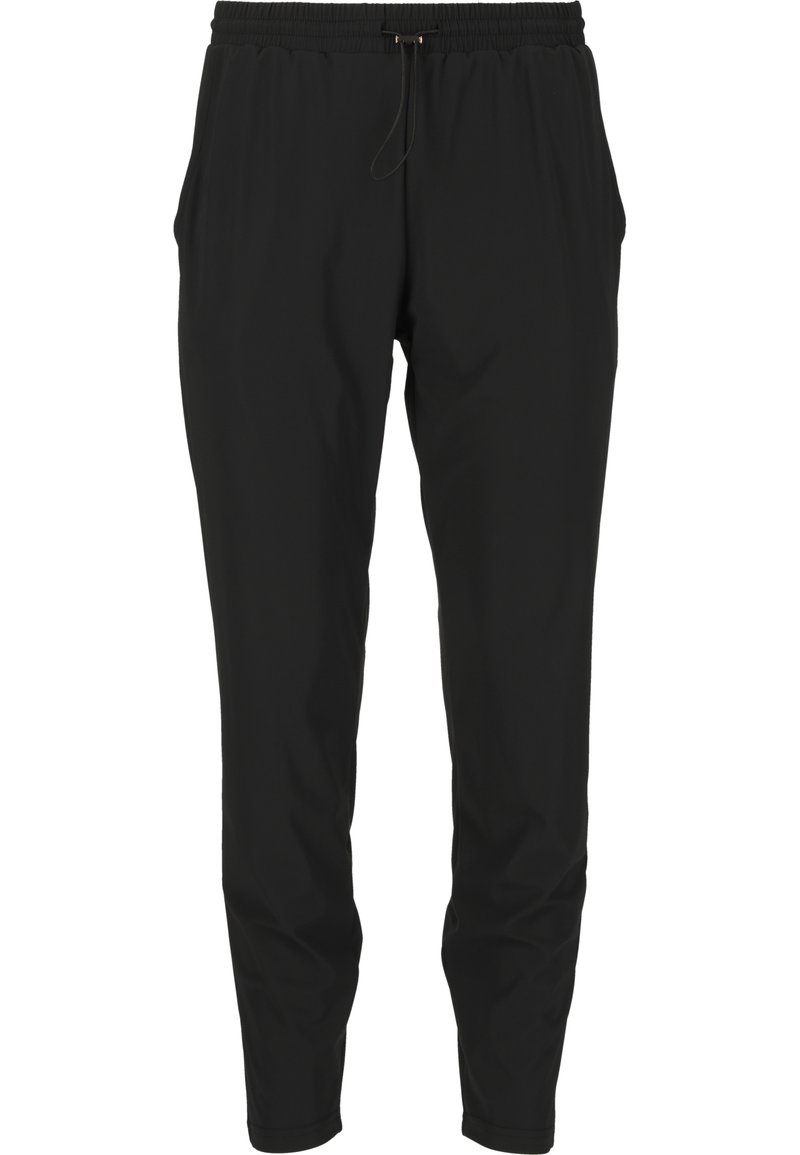 Svarta joggerbyxor i lättviktsmaterial. Har en elastisk midja med dragsko, sidofickor och avsmalnande ben.
