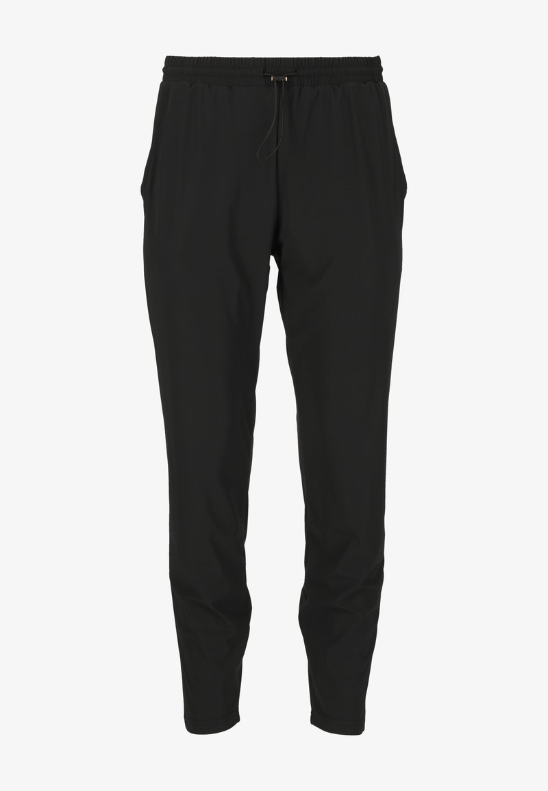 Svarta joggerbyxor i lättviktsmaterial. Har en elastisk midja med dragsko, sidofickor och avsmalnande ben.