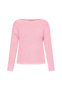 Pull en maille rose à manches longues avec un motif ajouré respirant et un col rond.