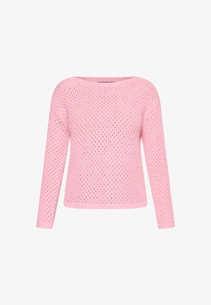 Lyserød langærmet strikket sweater med et åndbart, åbent mønster og rund halsudskæring.