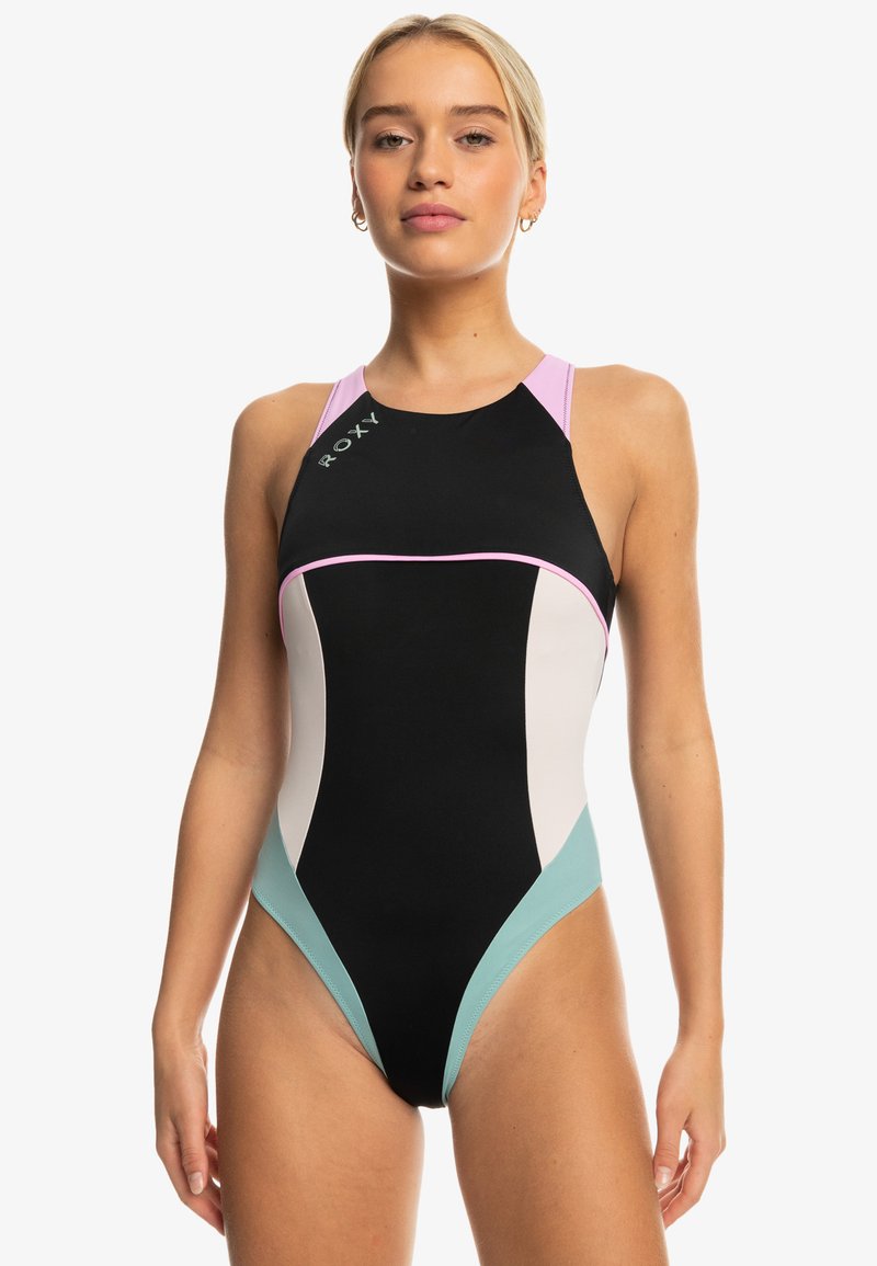 Roxy one-piece swimsuit made of stretchy fabric, featuring a black base with pink, white, and teal color-block accents and a high neckline.
