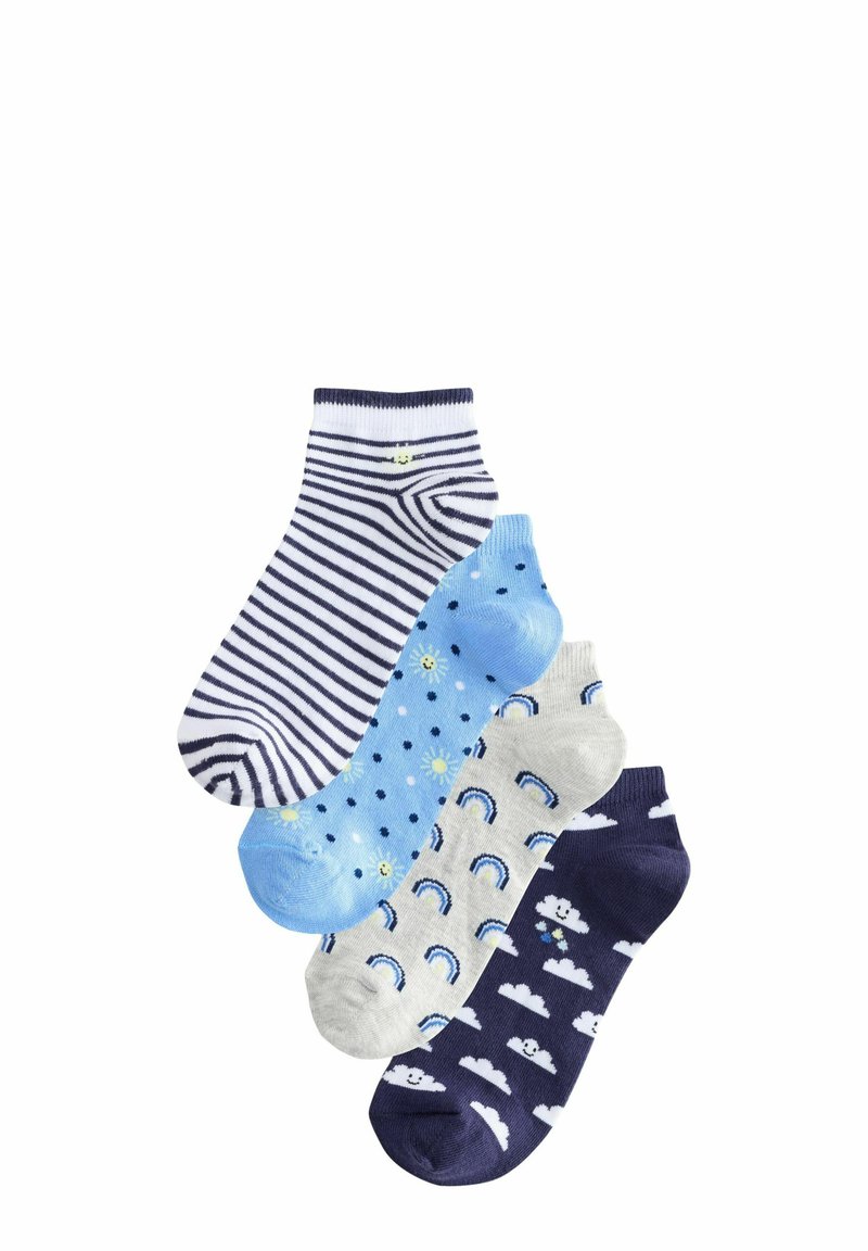 Fyra par ankelsockor: marinblå och vitrandiga, ljusblå med prickar, grå med regnbågar, mörkblå med moln och ansikten. Mjuk bomullsmaterial.