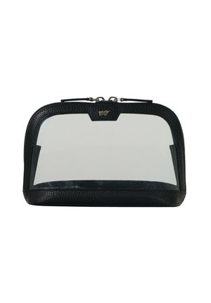 Schwarze Lederbörse mit einem transparenten Frontbereich, Reißverschluss, strukturiertem Finish und einem kleinen geprägten Logo in der Mitte oben.