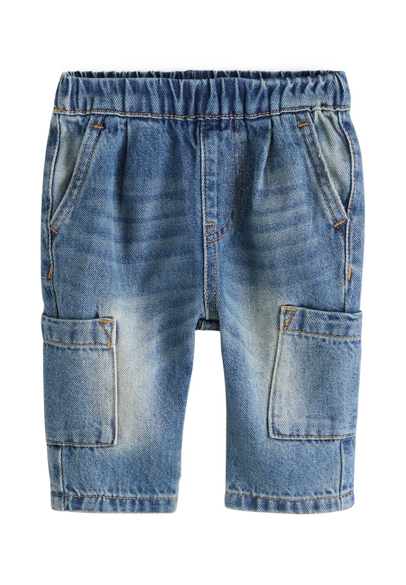 Denim shorts met een lichtblauwe wassing, elastische tailleband, twee zakken aan de voorkant en twee cargozakken aan de zijkant.