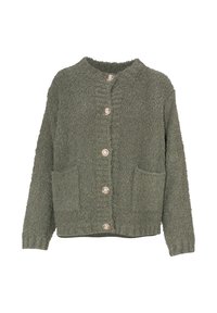 Weicher, texturierter olivgrüner Button-Up-Cardigan mit Rundhalsausschnitt und zwei Fronttaschen.