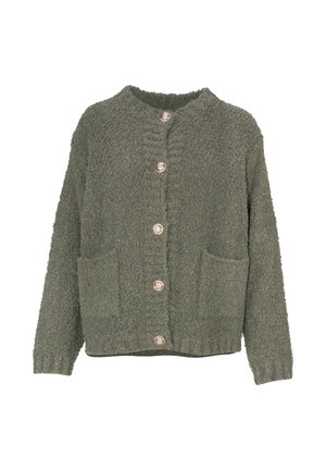 Un cardigan boutonné en olive doux, avec un col rond et deux poches frontales.