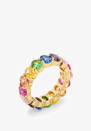 Gouden ring met meerdere ovale geslepen gekleurde edelstenen, gerangschikt in een doorlopend patroon, met verschillende kleuren waaronder roze, blauw en groen.