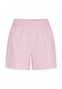Ljusrosa shorts av lättviktsmaterial med en texturerad randig design och elastisk midja för bekväm användning.
