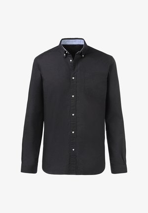 Zwarte lange mouwen knoopshirt met een kraag, uitgerust met een patchzak en een gestreepte binnenkraag, gemaakt van soepel stof.