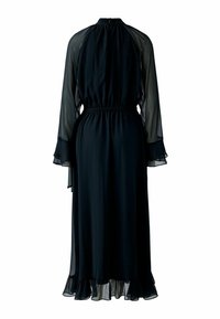 Langes schwarzes Kleid mit hohem Ausschnitt, transparenten langen Ärmeln, elastischem Bund und gerafftem Saum für zusätzliche Textur und Details.