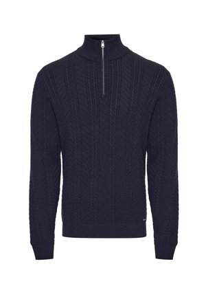 Granatowy sweter wykonany na drutach z kołnierzem na pół-zamek, z teksturowanymi wzorami w warkocze oraz ściągaczami na mankietach i u dołu, co zapewnia dopasowany wygląd.