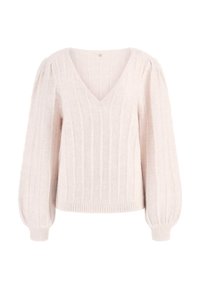 Maglione lavorato a maglia color rosa chiaro, con scollo a V, texture a coste e maniche puff con polsini aderenti. Tessuto morbido e design a righe.