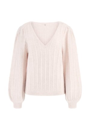 Pull en tricot rose clair avec un col en V, texture côtelée et manches bouffantes avec poignets ajustés. Tissu doux et motif rayé.