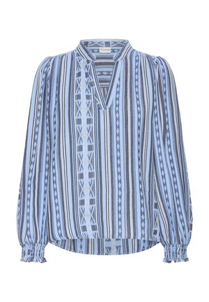 Zila un pelēka svītraina blūze ar V veida izgriezumu un savilktām aprocēm. Rakstā ir ģeometrisks modelis ar dažādas platuma svītrām un brīvs piegriezums.