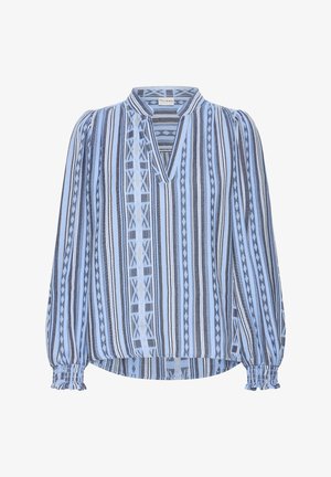 Sinine ja hall triibuline pluus V-kaeluse ja kogutud varrukasäärtega. Omab geomeetrilist mustrit erinevates laiustes ja on lõdva lõikega.