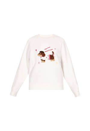 White sweatshirt with long raglan sleeves, featuring an embroidered brown dog, text, and colorful accents including a balloon and stars.