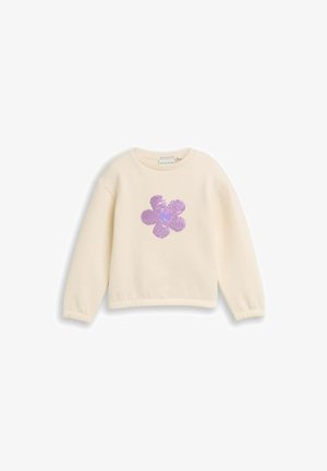 Lichtcrème sweatshirt met lange mouwen, met een paarse sequinned flowerdesign op de voorkant en gathered manchetten aan de onderkant.