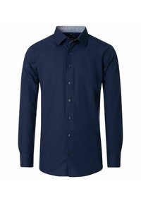 Marineblauwe longsleeve shirt van katoen. Beschikt over een volledige knoopsluiting aan de voorkant, een standaard kraag en een contrasterende gemusterde voering in de kraag.