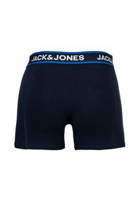 Boxer shorts bleu marine avec une large ceinture élastique portant le nom de la marque "JACK&JONES" en blanc, souligné d'un accent bleu.