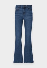 Jeans i medium blå denim med utsvängd passform, hög midja, femfickorsdesign och subtil blekning fram. Obehandlad nederkant med sömdetaljer.