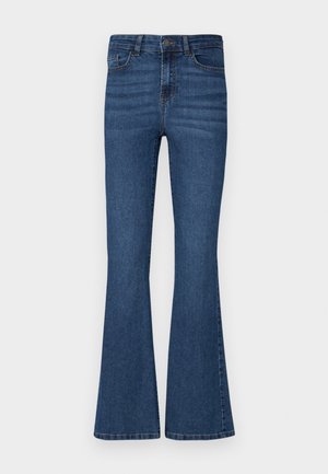 Denim flared bikses vidējā zilā krāsā ar augstu jostasvietu, piecu kabatu dizainu un nelielu izbalēšanu priekšpusē. Neapstrādāta maliņa ar šuvēm.