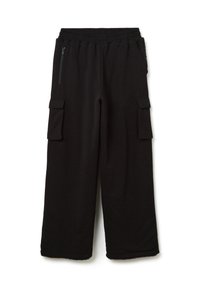 Zwarte cargobroek met een elastische tailleband, twee zijzakken en twee cargozakken, gemaakt van een zachte, gladde stof.