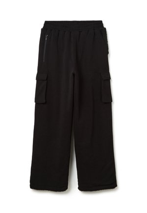 Zwarte cargobroek met een elastische tailleband, twee zijzakken en twee cargozakken, gemaakt van een zachte, gladde stof.