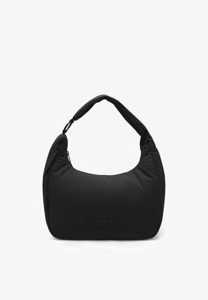 Sac d'épaule en tissu doux noir avec poignée rembourrée et fermeture éclair, arborant un logo de marque subtil à l'avant.