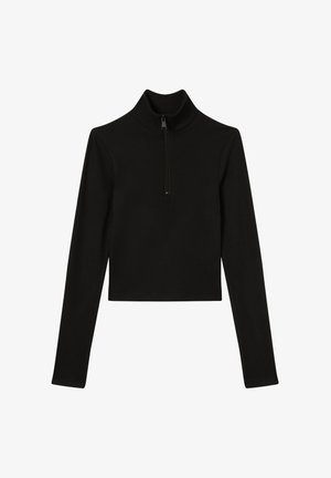 Czarny, prążkowany, długi rękaw, krótki top z wysokim kołnierzem oraz półzamkiem z przodu.