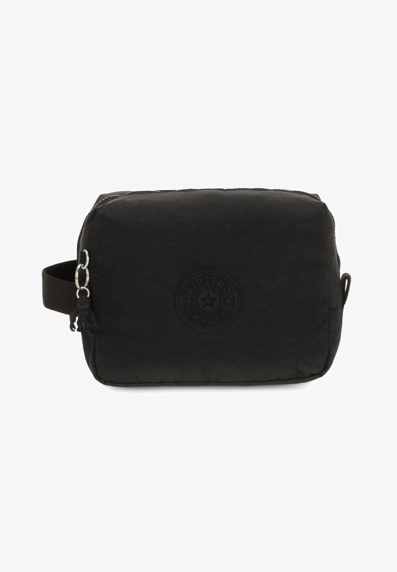 Black rectangular bag featuring a textured fabric, embossed logo, and a strap with a metal hardware accent. Ideal for storage or cosmetics.