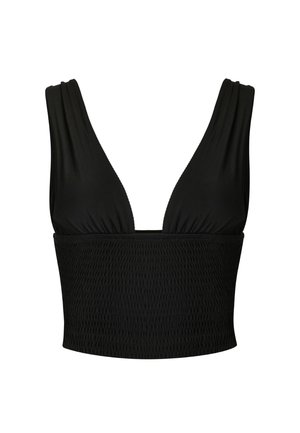 Top corto negro sin mangas con escote en V profundo y banda elástica texturizada en la parte inferior.