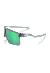 Lunettes de soleil avec une monture grise transparente, des verres miroir verts et des accents à motifs sur les branches. Design léger avec une forme minimaliste.