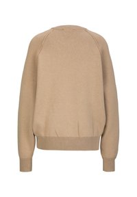 Beige trui met een relaxte pasvorm, geribde manchetten en zoom, en een gladde textuur. Heeft raglanmouwen en een ronde hals.