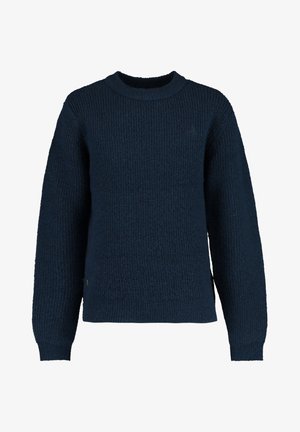 Pull en maille bleu marine en laine épaisse avec un motif texturé, col rond et poignets côtelés. Détail subtil du logo sur le devant.