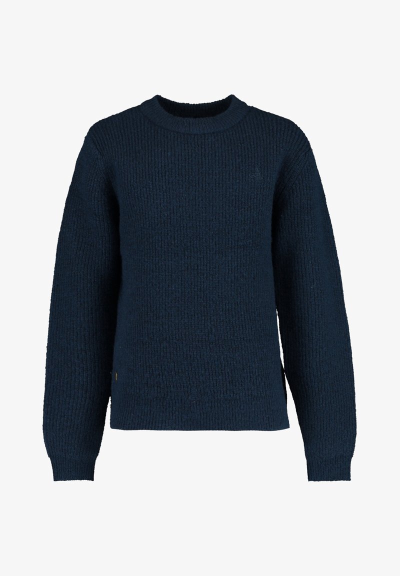 Pull en maille bleu marine en laine épaisse avec un motif texturé, col rond et poignets côtelés. Détail subtil du logo sur le devant.