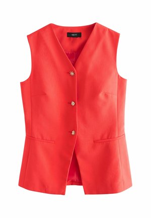 Red sleeveless tailored vest with V-neck, three gold decorative buttons, and two front slit pockets.