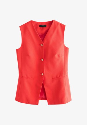 Red sleeveless tailored vest with V-neck, three gold decorative buttons, and two front slit pockets.