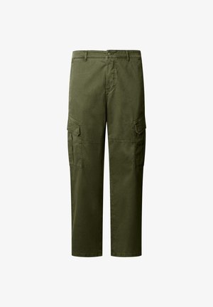 Olijfgroene cargobroek gemaakt van katoen, voorzien van meerdere zijzakken, een rechte pijp en een knoopsluiting aan de tailleband.